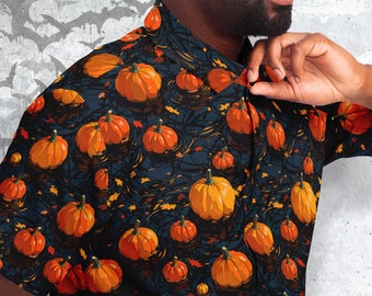 Halloween Button-up short sleeve Shirt, Floating pumpkins, cute Halloween holiday, kids, youth, adult sizes,  fall unisex short sleeve shirt