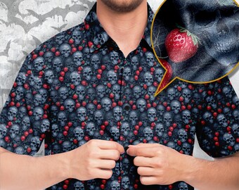 Spooky Strawberry and Skull Print Button-Up Shirt - Halloween Fashion short sleeve dark art