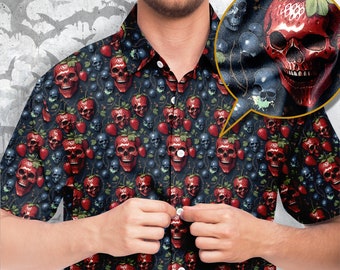 Halloween Button-Up Shirt with Spooky Skull and Berries Print, Hauntingly Stylish short sleeve shirt