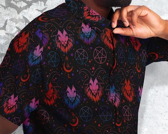 May include: A black button-up shirt with a repeating pattern of pentagrams, stars, and goat heads in shades of pink, blue, and red.