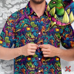 Short sleeve Button-up shirt Chaos of Creatures, Fantasy creatures, monsters , enthusiasts of fantasy, gaming, and extraordinary clothing