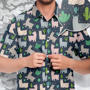 Cute Alpaca Print Button-Up Shirt, Hand drawn Alpaca Print, South American Alpaca Patterned Button-Up: Made for Adventurers