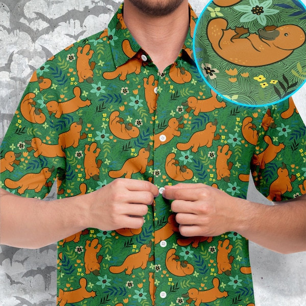 Swimming platypuses Button-up Style Shirt, wild nature Shirt, cute Clothing,  animal love short sleeve shirt , wildlife unisex shirt