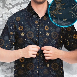 Celestial Constellations Button-up Style Shirt, Goth Shirt, Sun Moon Clothing, Magic clouds and stars capsule wardrobe