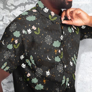 Dark Cats button Up Style Shirt, fantasy Shirt, Cute Black Magic Clothing, magic things mysterious unisex shirt