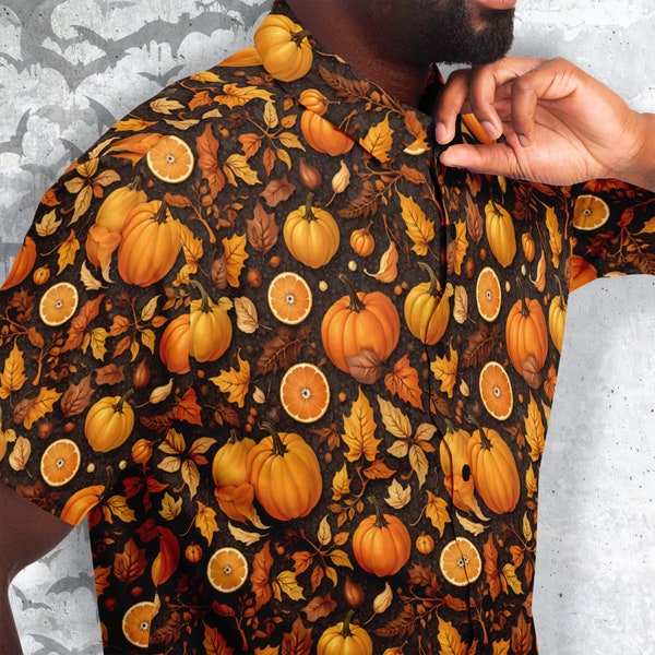 Button-up short sleeve Shirt, Pumpkin fest, Orange Spice Halloween, Cottagecore dress shirt, adult, kids, youth sizes, autumn unisex shirt