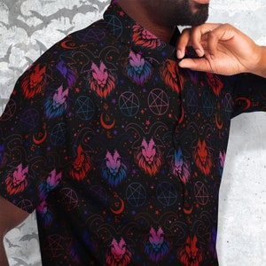 Mystic Goat Skulls Button Up Style Shirt, Occult Goth Shirt, Pentagram occult and celestial signs, Dark Festival clothes