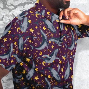 Star Whales button Up Style Shirt, Goth Shirt, Dark Magic Clothing, marine boho style celestial magic unisex shirt