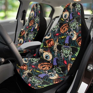 Spooky Witch Car Seats Covers, Witchcraft Car Seats Protector, Halloween decor Car Accessories, Vintage cartoon horror decor