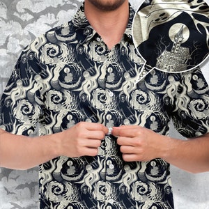 Phantasmagory Button-up Style Shirt, Horror Goth Shirt, Mystic Clothing,  Haunted house illustration unisex shirt