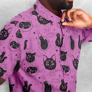 Occult cat Button Down Style Shirt, Goth Shirt, pastel goth Clothing,  Dark art witchy Party unisex shirt