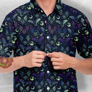 Creepy Bats Button Down Style Shirt, Goth Shirt, Sun Moon Clothing,  Dark art art Party unisex shirt