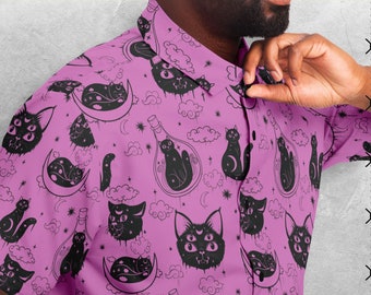 Occult cat Button Down Style Shirt, Goth Shirt, pastel goth Clothing,  Dark art witchy Party unisex shirt