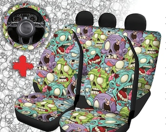 May include: Set of four black car seat covers with a colorful zombie pattern. The pattern features green, blue, pink, and white zombie faces with various expressions.