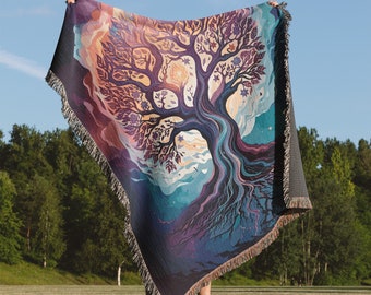 Tree Of Life Woven Cotton Throw Blanket: Jacquard Tapestry