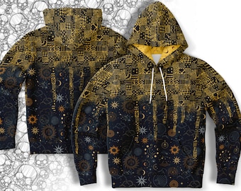 Celestial Meltdown Hoodie, Hand Drawn pattern, sun and moon witchy art, mystical clothes, colorful full print hoodie