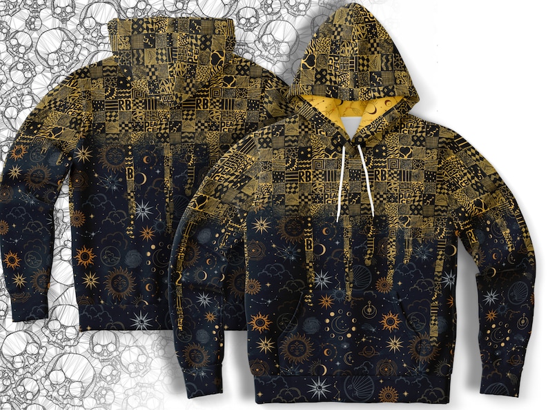 May include: A black hoodie with a gold and black celestial pattern. The hoodie has a drawstring hood and a kangaroo pocket. The pattern features stars, moons, and suns.
