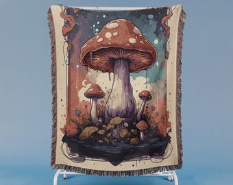 Fungal Fantasy Cotton Woven Blankets, Unique Mushroom Design Home Decor
