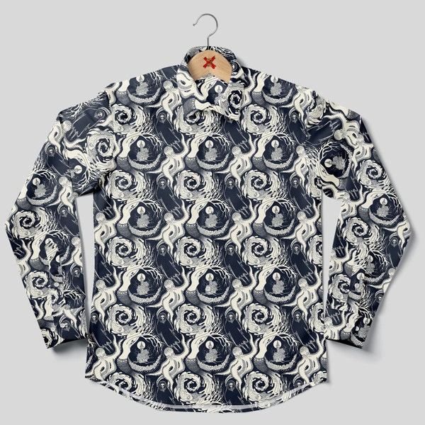 Phantasmagoria Long Sleeve Button-up Shirt, Goth Dress Shirt, Dark Magic Clothing, haunted house, undead mermaid, spooky unisex shirt