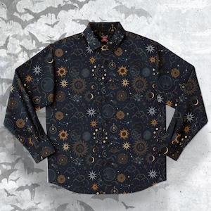 Celestial Long Sleeve Button-up Shirt, Goth Shirt, Dark Magic Clothing, sun moon stellar style, elysian magic unisex shirt