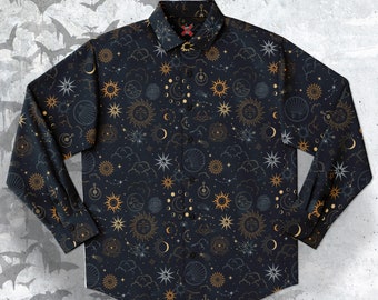 Camisa abotonada de manga larga celestial, camisa gótica, ropa de magia oscura, estilo estelar de la luna del sol, camisa unisex mágica elysian