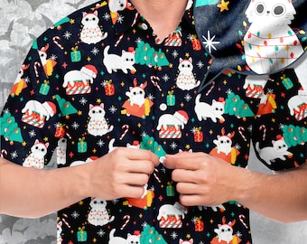 Christmas Cats Short Sleeve Button-up Shirt, Festive Feline Fashion for the Holidays