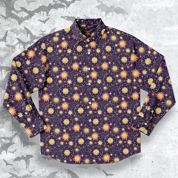 Sun and Planets Long Sleeve Button-up Shirt, Celestial Shirt, magical astrology vintage boho style dress shirt