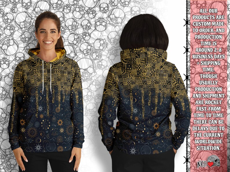 May include: A black hoodie with a gold and black patterned design. The pattern features a celestial theme with stars, moons, and suns. The hoodie has a zipper and a hood.