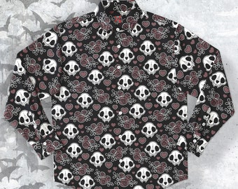 Deadly romantic Long Sleeve Button-up Shirt, goth shirt, gothic Clothing,  cat skulls unisex shirt