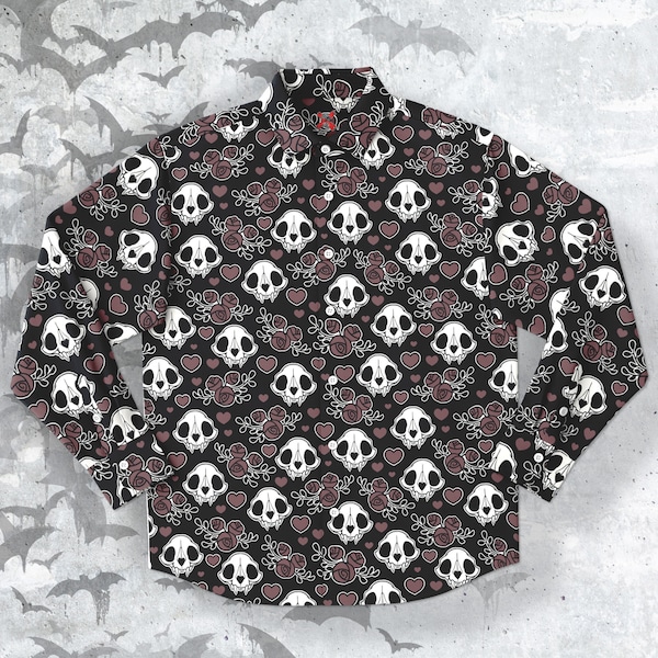 Deadly romantic Long Sleeve Button-up Shirt, goth shirt, gothic Clothing,  cat skulls unisex shirt