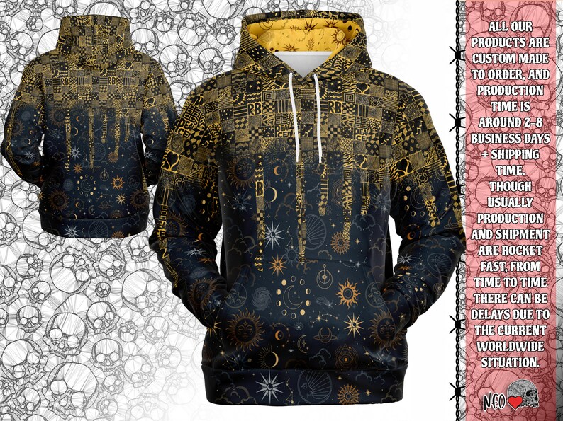 May include: A black hoodie with a gold and black celestial print. The hoodie has a drawstring hood and a kangaroo pocket. The print features stars, moons, and suns.