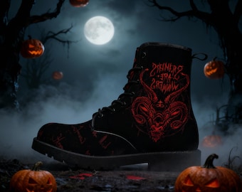 Sinners Are Winners Vegan Leder Schnürstiefel, ganzjahrestauglich, Pentagramm, satanische Zeichen, okkulte Schuhe, Gothic Stiefel