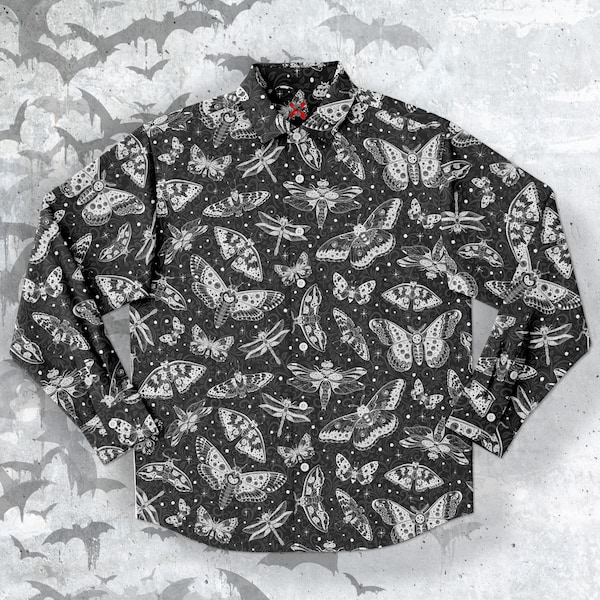 Luna Creatures Long Sleeve Button-up Shirt, Goth Shirt, Dark Magic Clothing, Moon boho celestial magic unisex shirt