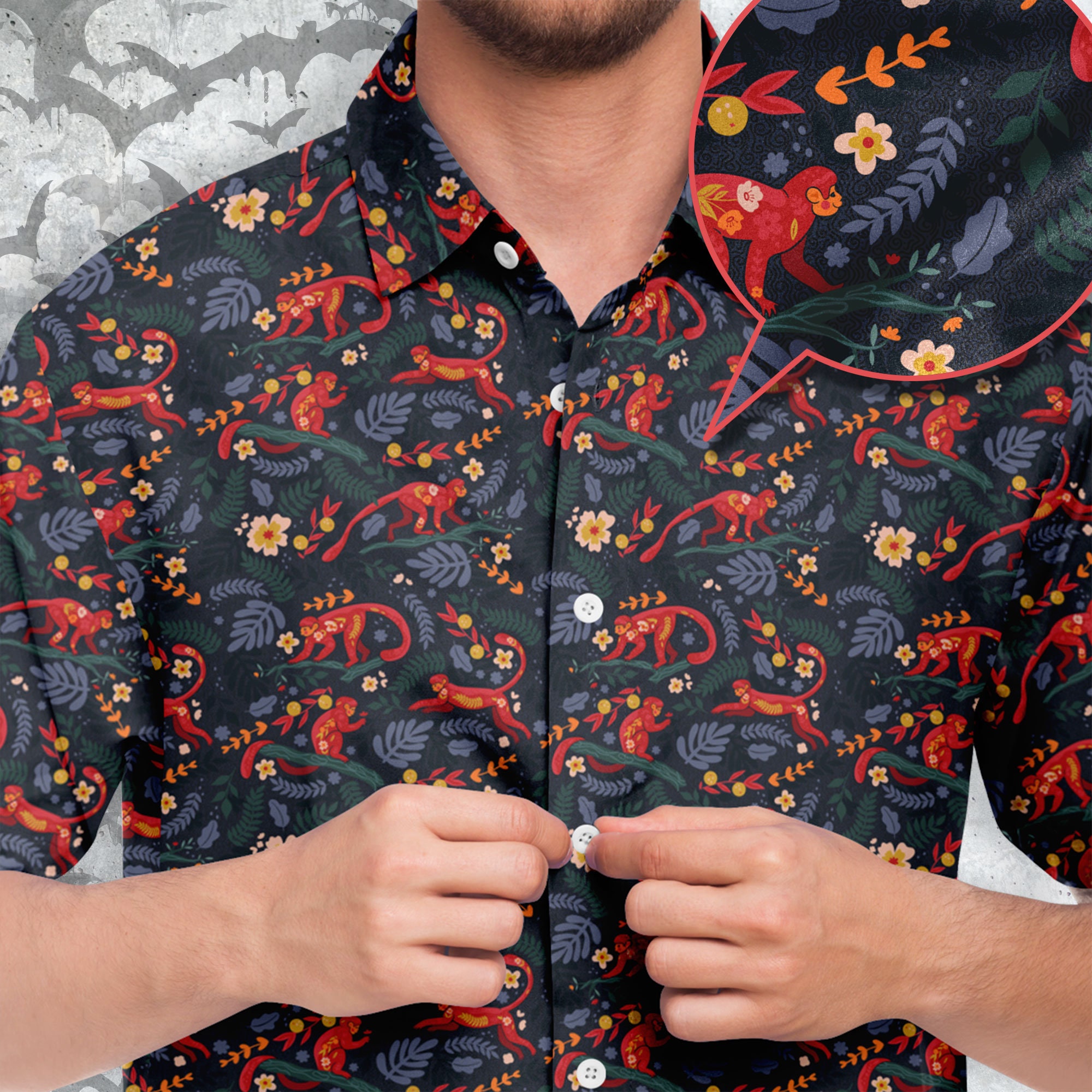 monkey dress shirt Red Monkeys Button-up Style Shirt, Primates Life Shirt, All About Apes  Clothing, Magical Wildlife Boho, Monkey Cool Button Up