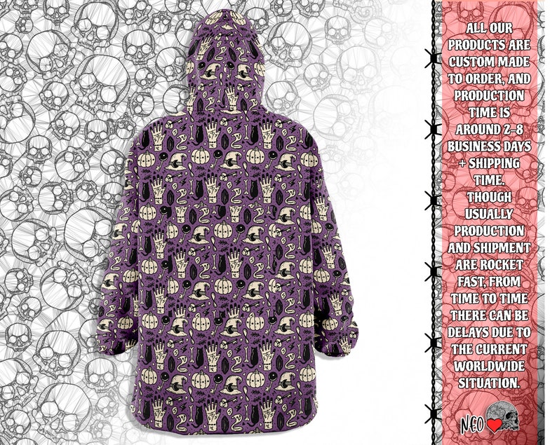 May include: Purple hooded sweatshirt with a repeating pattern of skulls, pumpkins, cats, and other Halloween-themed imagery. The text "ALL OUR PRODUCTS ARE CUSTOM MADE TO ORDER, AND PRODUCTION TIME IS AROUND 2-8 BUSINESS DAYS + SHIPPING TIME. THOUGH USUALLY PRODUCTION AND SHIPMENT ARE ROCKET FAST, FROM TIME TO TIME THERE CAN BE DELAYS DUE TO THE CURRENT WORLDWIDE SITUATION. NEO" is printed on the right side of the image.