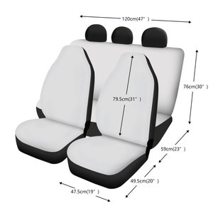 May include: White and black car seat covers with headrests. The covers measure 47 inches wide, 30 inches tall, and 20 inches deep.