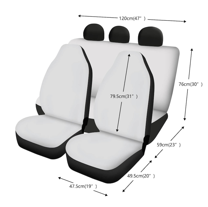 May include: White and black car seat covers with headrests. The covers measure 47 inches wide, 30 inches tall, and 20 inches deep.