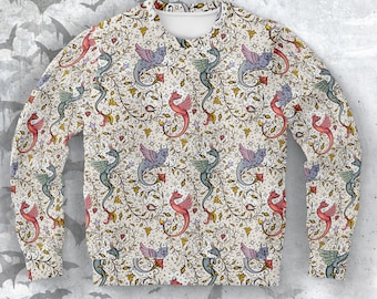 Mittelalterliches Drachen-Illustrations-Sweatshirt - Einzigartiges handgezeichnetes Manuskript-Design, recyceltes Polyester