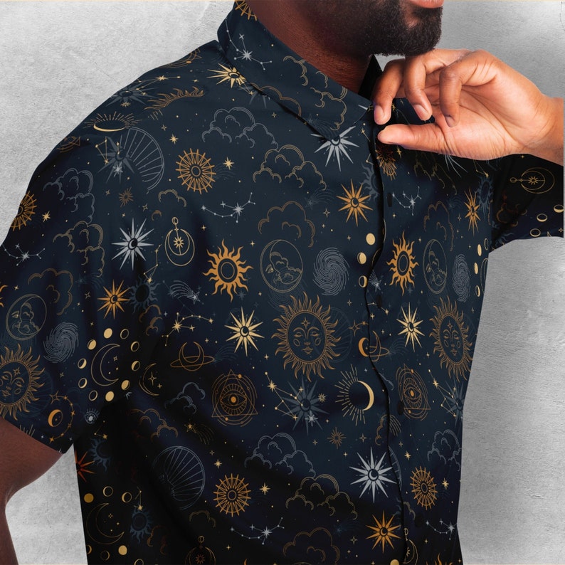 Celestial Button Down Style Shirt, Goth Shirt, Sun Moon Clothing, Dark art Party unisex shirt image 1