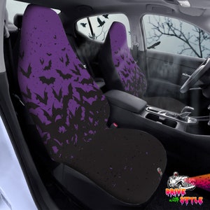 Purple Bat Swarm Car Seats Covers, Grunge Gothic Car Seats Protector, Halloween Vamp Car Accessories, Bats Witchy Halloween