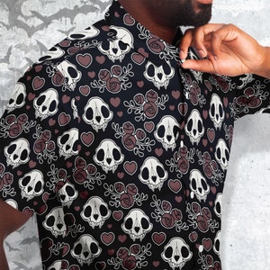 Deadly romantic Skulls Button Up Style Shirt, Dark love Goth Shirt, Animal skulls, hearts and roses, Dark Festival clothes