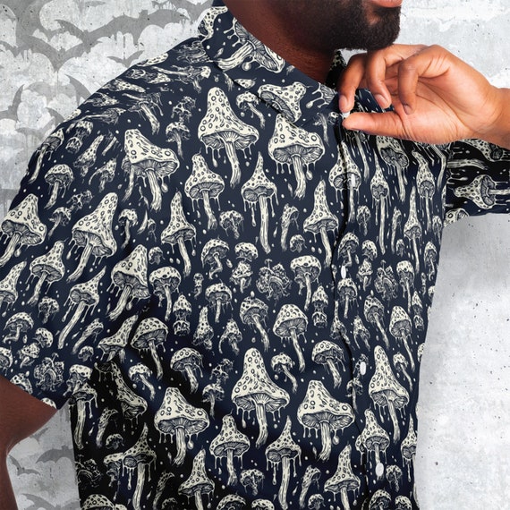 mushroom dress shirt Red Mushroom Short Sleeve Men Button up Shirt, Cottagecore Fungi Forest Print Casual Buttoned Down Summer Collared Dress Shirt
