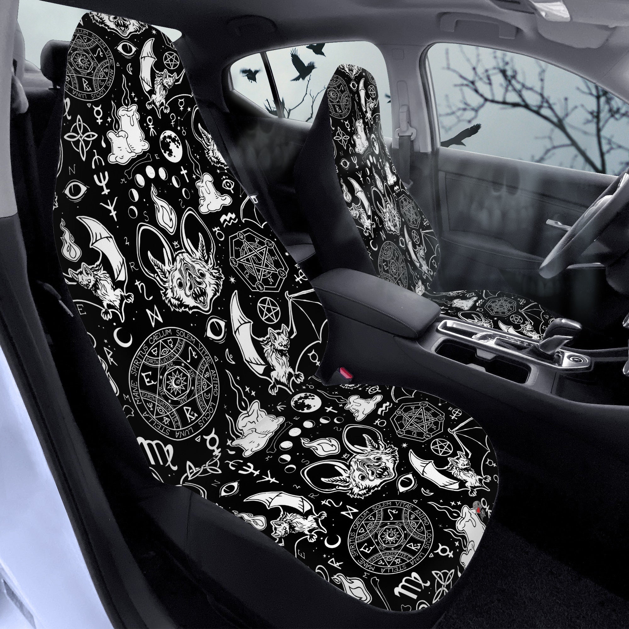 Frienda 19 Pieces Goth Car Accessories Set Include Bat Car Steering Wheel  Cover Bat Car Seat Cover Seat Belt Pads Car Floor Mats Car Coasters Car