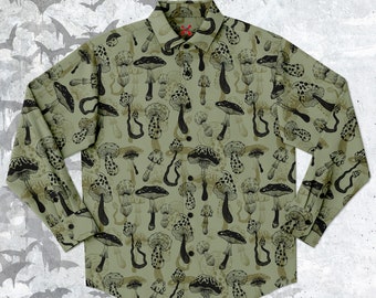 Mushroom Warrior Long Sleeve Button-up Shirt, goth shirt, gothic Clothing,  khaki fabric material unisex shirt