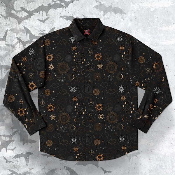 Celestial Black Long Sleeve Button-up Shirt, Goth Shirt, Dark Magic Clothing, sun moon stellar style, elysian magic unisex shirt