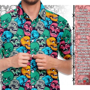 Chorus of skulls Short Sleeve Button Down Shirt, alternative clothing, skull pattern party shirt, Halloween  Party Unisex Shirt