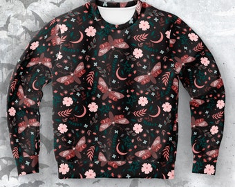 Verzaubertes Motten- und Blumen-Cottage-Core-Sweatshirt, wunderliches Natur-inspiriertes Kleid, gemütlicher Wald-Pullover, recyceltes Polyester