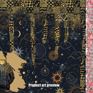 May include: A black hoodie with a gold and white celestial pattern. The pattern includes stars, moons, and suns. The hoodie is shown on a background with a similar pattern.
