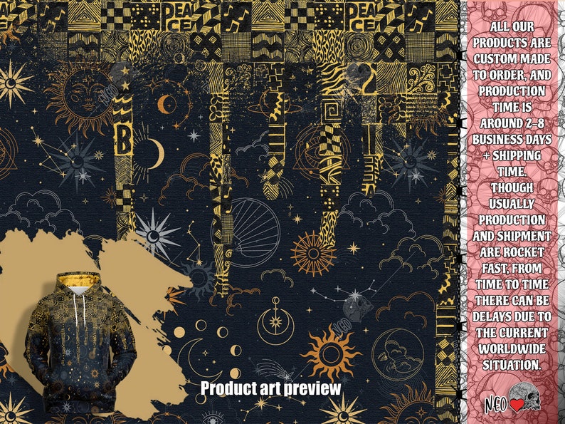 May include: A black hoodie with a gold and white celestial pattern. The pattern includes stars, moons, and suns. The hoodie is shown on a background with a similar pattern.