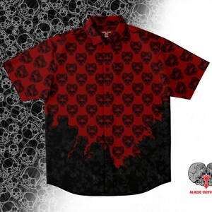 Horned Skull Short Sleeve Button Down Shirt, alternative clothing, skull pattern gothic graphic